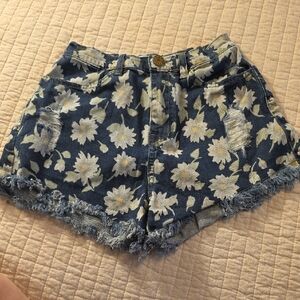 Show Me Your MuMu Blue Daisy Print Denim Shorts